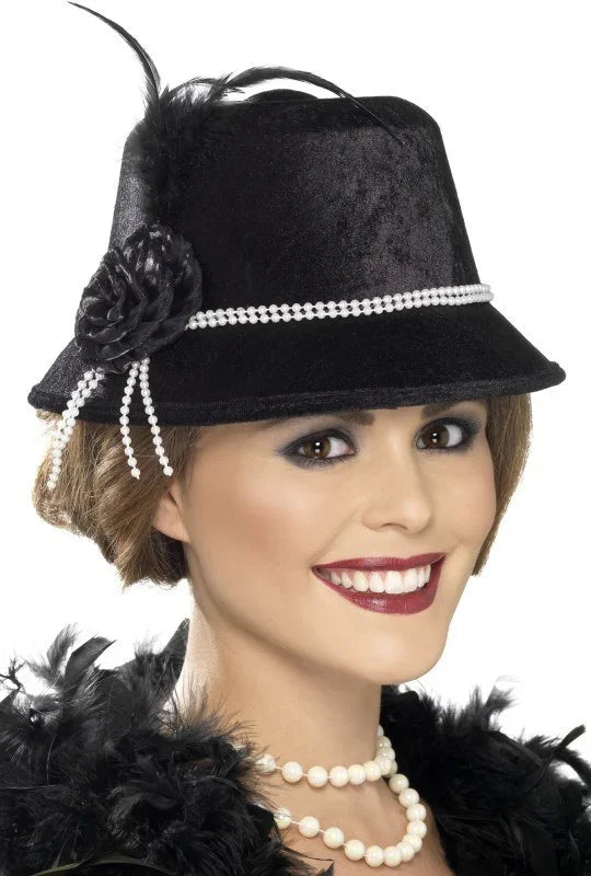 Sombrero Charlestón Negro con Perlas Complementos Charlestón y Gangster Smiffys